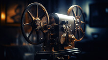 A Film Is Projected In A Dark Room Using A Vintage Old-fashioned Projector, Illustrating The Essence Of Cinematography.