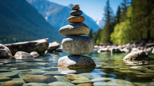 Natural Brown Stones Of Different Sizes And Forms, Skillfully Stacked Like A Pyramid Pile Landmark In Shallow Water, With A Blurred Blue-green Misty Background And Copy Space.