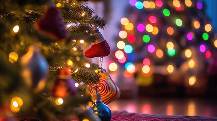 Wall Mural - A close-up of the dazzling Christmas tree ornaments, each one reflecting the soft glow of fairy lights, while colorful stockings hang nearby. A Christmas tree with a star and red ornaments