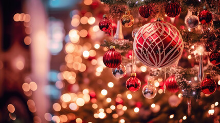 Wall Mural - A close-up of the dazzling Christmas tree ornaments, each one reflecting the soft glow of fairy lights, while colorful stockings hang nearby. A Christmas tree with a star and red ornaments