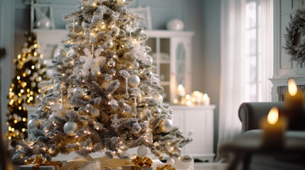 A close-up of the dazzling Christmas tree ornaments, each one reflecting the soft glow of fairy lights, while colorful stockings hang nearby. A Christmas tree with a star and red ornaments