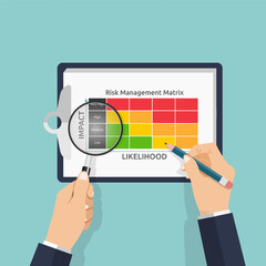 Wall Mural - A manager hands holding pencil and magnifier with matrix form, Business risk assessment and safety concept, evaluating on the impact and likelihood category for risk management