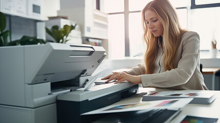 Close-up of a career woman printing assignments using an office printer at her desk