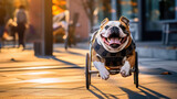 Fototapeta Zwierzęta - A Happy bulldog with a disabled leg using a wheelchair for a walk around the vet clinic
