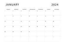 January 2024 Calendar. Monthly Planner Template. Sunday Start. Vector Design
