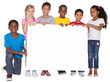 Digital png photo of six smiling diverse children holding white board on transparent background