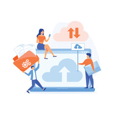 Poster - cloud server storage concept. team administrator and developer working with computer monitor.  flat vector modern illustration