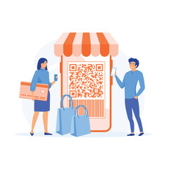 Poster - qr code scanning concept, people use smartphone and scan qr code for payment and everything, flat ve