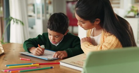 Poster - Home, school and mom helping child with work in house, living room or boy with homework, writing and learning at table. Education, development and mother teaching math to kid with notebook and tablet