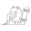 coloring illustration of cartoon sitting frog with skateboard