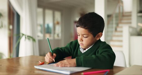 Wall Mural - Boy, writing and learning with thinking, home and pencil for problem, development and education course. Male kid, school notebook and study at desk for scholarship, test and homework in family house