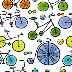 Fototapete - Bicycle time. Types of bicycles, tools and spare parts. Seamless pattern background for your design