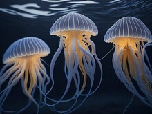 Three Stunning Translucent Jellyfishes Swimming Around In A Blue Water Tank, Jellyfish
