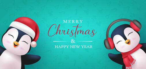Wall Mural - Merry christmas greeting text vector design. Christmas penguin characters wearing santa hat and headphone for holiday season card background. Vector illustration xmas and new year seasonal design.
