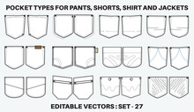 Jeans And Denim Patch Pocket Flat Sketch Vector Illustration Set, Different Types Of Clothing Pockets For Jeans Pocket, Sleeve Arm, Cargo Pants, Dresses, Bag, Garments, Clothing And Accessories