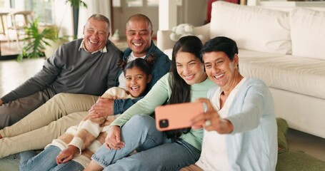 Poster - Family, blowing kiss and funny selfie in home living room, bonding and relax together. Children, parents and grandparents with profile picture, laughing and happy memory for social media in house