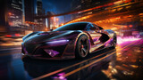 Fototapeta  - Futuristic Sports Car On Neon Highway, Powerful acceleration of a supercar with colorful lights trails generative ai