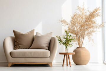 Wall Mural - Minimalist Living Room with Sofa, Cushions, Vase, and Plant