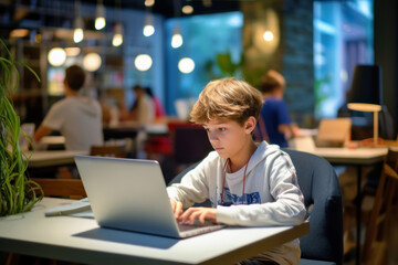 Boy doing homework on laptop in cafe