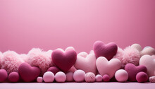 Valentine's Day Background With Pink Hearts And Soft Fluffy Fur With Copy Space