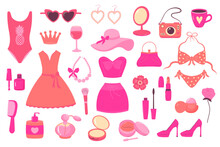 Glamorous Trendy Pink Girl Doll Stickers Set. Nostalgic Barbiecore 2000s Style Collection. National Barbie Day. Accessories, Clothes And Cosmetics For Girls.