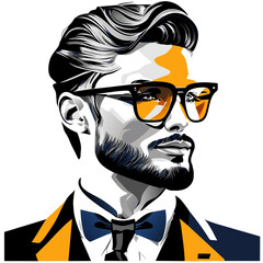 Wall Mural - Portrait of a handsome man with glasses and bow tie. Vector illustration.