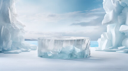 Poster - Realistic and modern ice product display podium with ice and snow cave and mountain background. Presentation showcase backdrop for beauty product, home, or body products. Generative AI