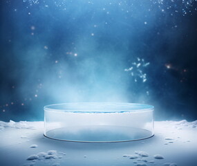 Poster - Realistic and modern ice product display podium with ice and snow cave and mountain background. Presentation showcase backdrop for beauty product, home, or body products. Generative AI