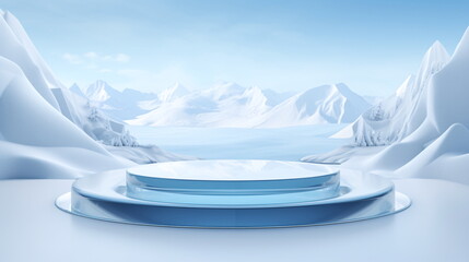 Poster - Realistic and modern ice product display podium with ice and snow cave and mountain background. Presentation showcase backdrop for beauty product, home, or body products. Generative AI