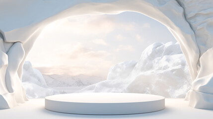 Poster - Realistic and modern ice product display podium with ice and snow cave and mountain background. Presentation showcase backdrop for beauty product, home, or body products. Generative AI