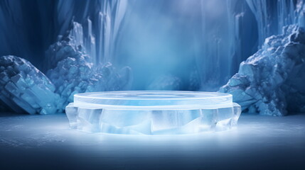 Poster - Realistic and modern ice product display podium with ice and snow cave and mountain background. Presentation showcase backdrop for beauty product, home, or body products. Generative AI