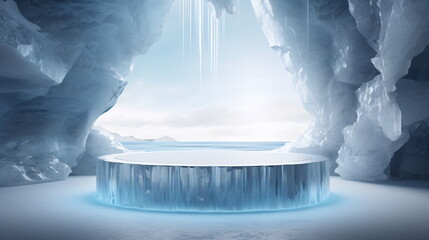 Poster - Realistic and modern ice product display podium with ice and snow cave and mountain background. Presentation showcase backdrop for beauty product, home, or body products. Generative AI