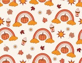 Fototapeta Boho - Fall/ Autumn Vibe with 70s groovy hippie retro  Pumpkin seamless pattern.