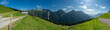 Alpiner Bauernhof auf grünen Blumenwiesen zwischen steilen Bergen in den Alpen Österreichs. schöne Aussicht mit Blumen auf Weiden und Wäldern. Panorama, Dreistufige Alpwirtschaft im Großen Walsertal