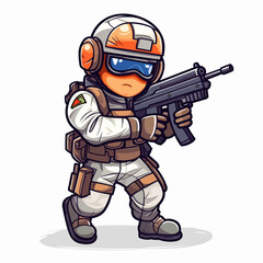 Wall Mural - Soldier with a machine gun and helmet. Airsoft player ready to shoot. Cartoon vector illustration. isolated background