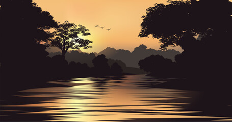 Wall Mural - sunset over the river