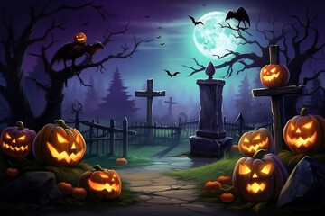 Wall Mural - Halloween pumpkins near a tree in a cemetery with a scary house. Halloween background at night forest with moon and bats.