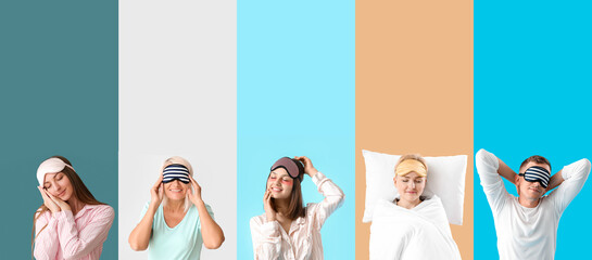 Sticker - Collection of people in pajamas and with sleep masks on color background