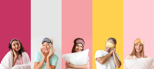 Sticker - Group of people in pajamas and with sleep masks on color background