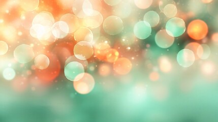 Poster - Generative AI : Blurred bokeh light on Mint Green and Coral background. Christmas and New Year holidays template. Abstract glitter defocused blinking stars and sparks.