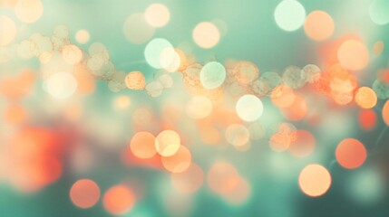 Poster - Generative AI : Blurred bokeh light on Mint Green and Coral background. Christmas and New Year holidays template. Abstract glitter defocused blinking stars and sparks.