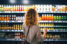 Back View Of Young Woman Looking At Bottle Of Juice In Grocery Store