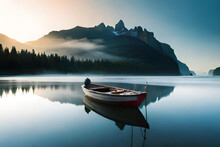 A Fabulous Boat Sits Empty On The Shore Alone By A Foggy Lake White Background Photorealistic
