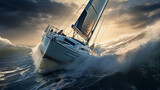 A thrilling shot of a sailboat catching the wind at high speed, racing across the waves Generative AI