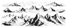Vector Sketch Of Hand Drawn Graphic Mountain Ranges And Pine Forest. Natural Landscape. Black And White Backgrounds For Outdoor Camping.