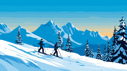 ai generated. vector illustration. advertisement for ski vacations. people are standing on the ski s