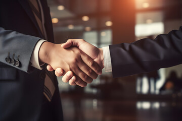 Two colleagues shaking hands to seal a successful business deal. Generative AI..