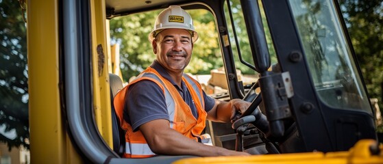 Wall Mural - A cheerful worker is sitting in the cab of a mini excavator with a smile on his face. Generative AI