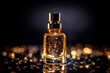 Bottle gift toilet water perfume on a background of golden bokeh lights. Front view. close-up. blurred glittering background. generative ai.