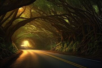 Tree Tunnel road with sunlight and shadows. generative ai.